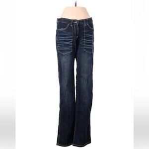 Reckon Eyes Y2K dark wash low rise straight leg jeans, size 9 or 10